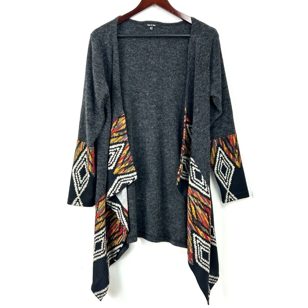 Yak & Yeti S/M Boho Southwestern Open Front Waterfall Cardigan Gray Knit 1174T3